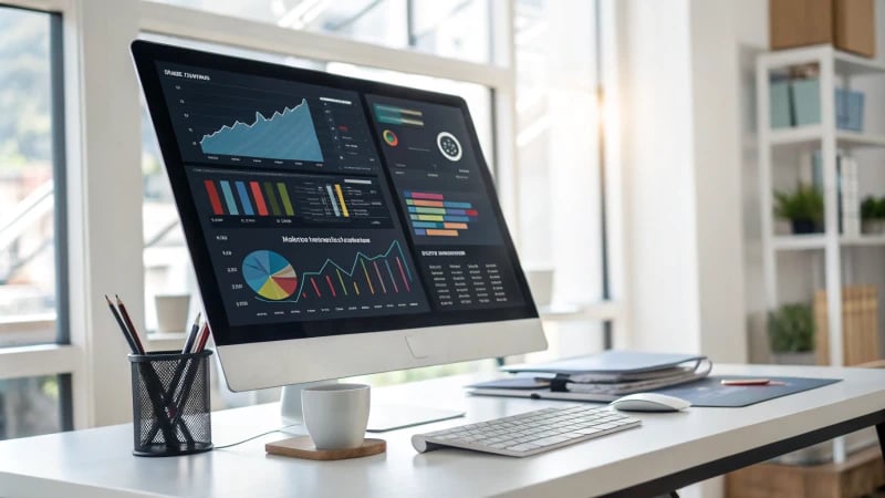 A modern office with a high-resolution monitor displaying data analysis software.