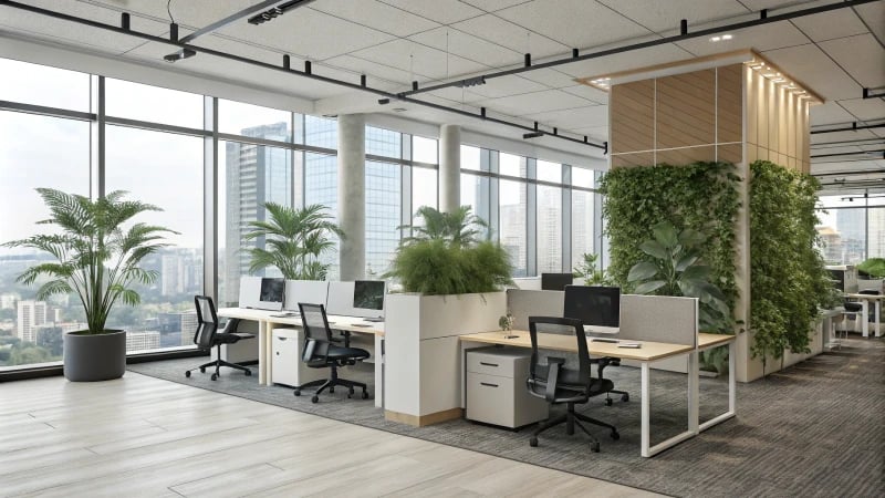 A modern office workspace with ergonomic furniture and large windows
