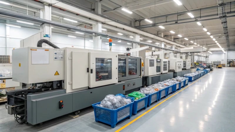 A modern plastic manufacturing facility with large machines and products on a conveyor belt.