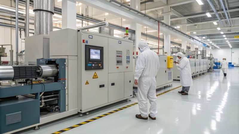 A modern manufacturing facility with large machinery and workers in protective gear.