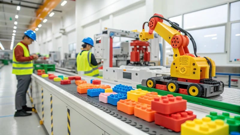 A modern toy manufacturing assembly line with colorful plastic toys and advanced machinery.