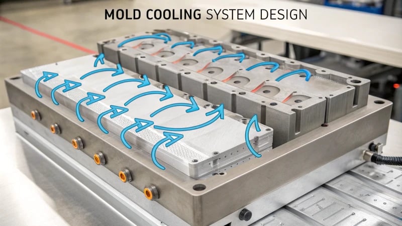 Technical illustration of a mold cooling system design with labeled components.