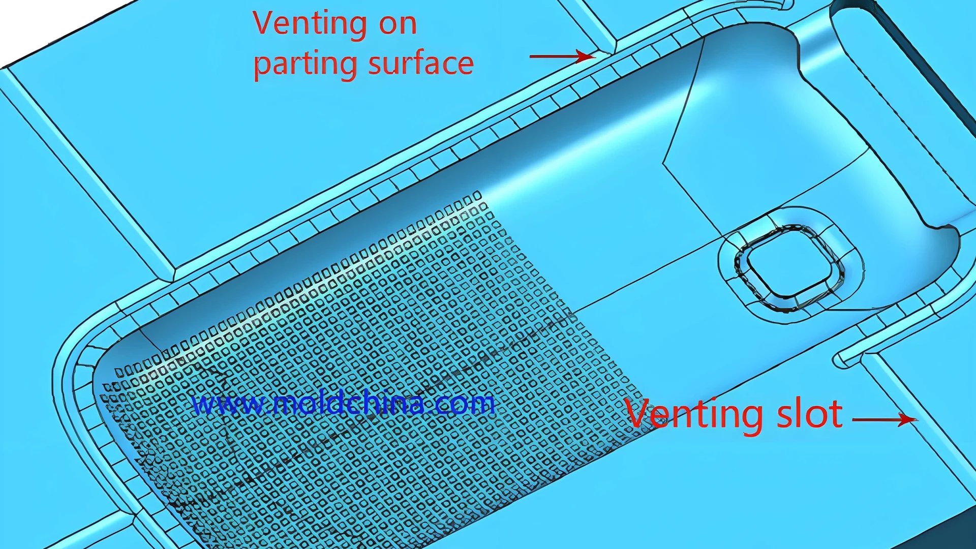 Injection mold with visible venting grooves