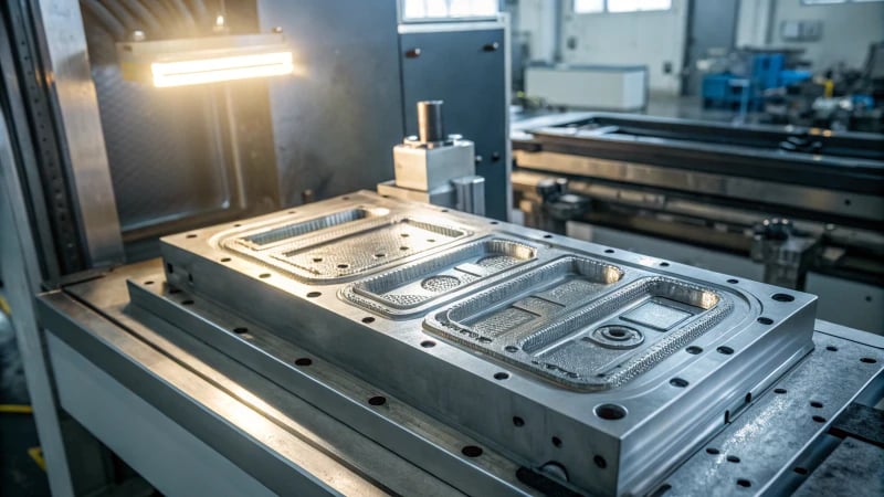 Photorealistic image of a metal mold frame in an injection molding machine