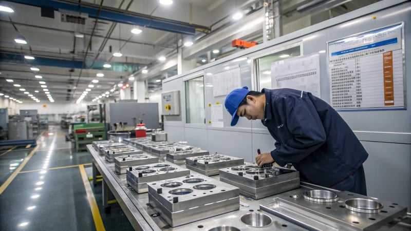 A worker inspecting metal molds in a manufacturing facility
