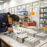 Technician examining a mold in a manufacturing workshop