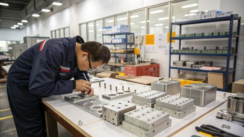 Technician examining a mold in a manufacturing workshop
