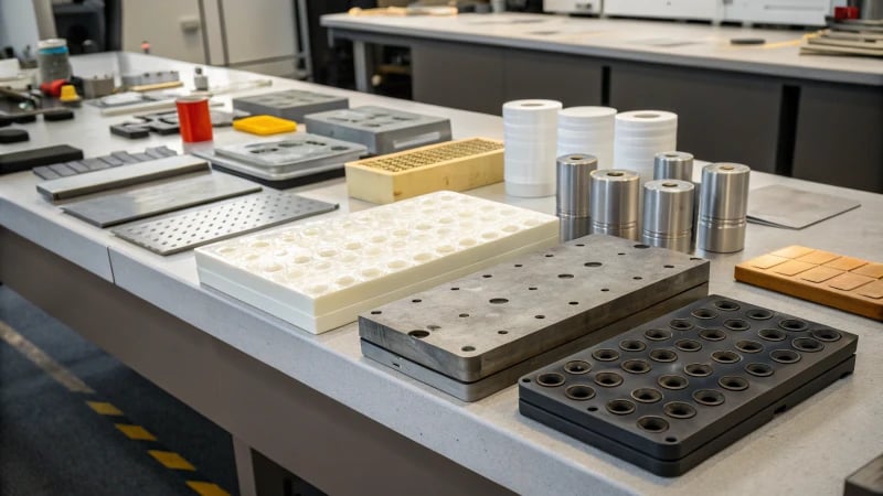 Display of various mold materials on a workbench