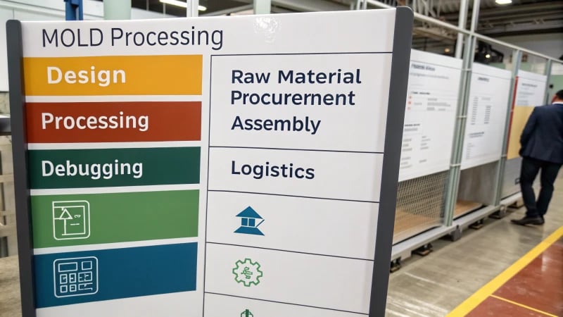 Infographic detailing mold processing costs with sections for design, procurement, and logistics.