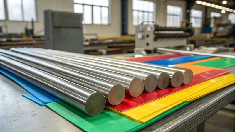 A workbench displaying various raw materials for mold processing, including steel rods and colorful plastic sheets.