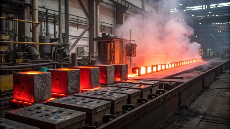 Glowing steel pieces inside a furnace