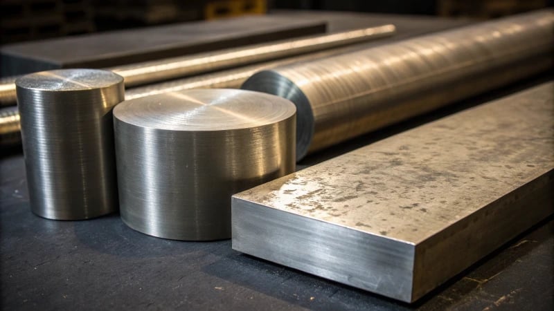 Close-up of various mold steel samples on a dark background