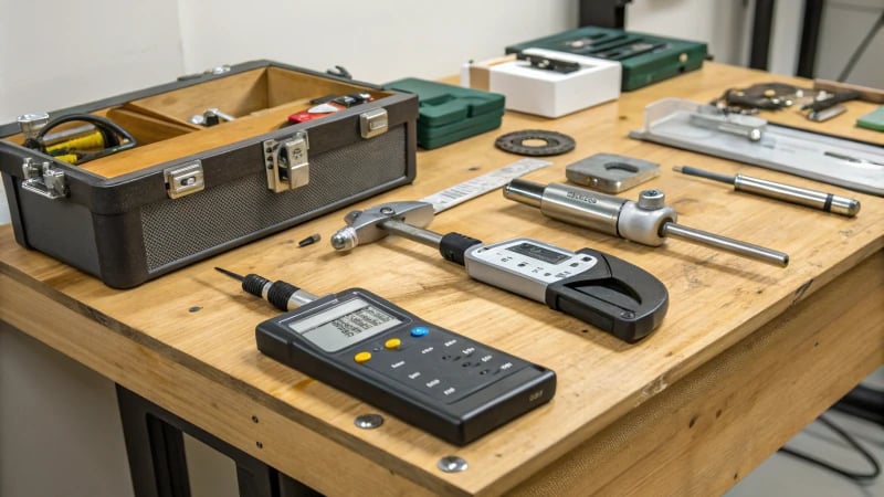 Arrangement of mold testing tools on a wooden workbench