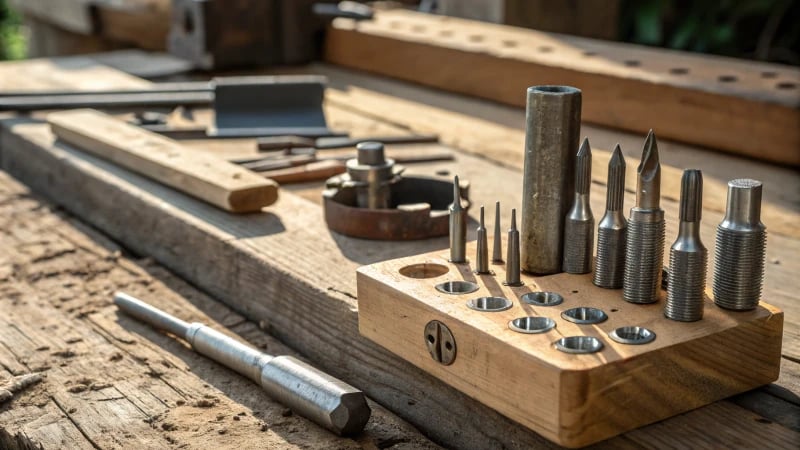 Close-up of various mold tools on a wooden workbench