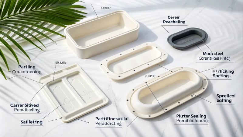 Technical illustration of molded product shapes with parting lines and annotations.