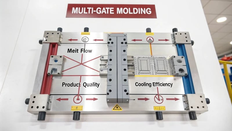 Technical diagram of a multi-gate molding layout with labeled features