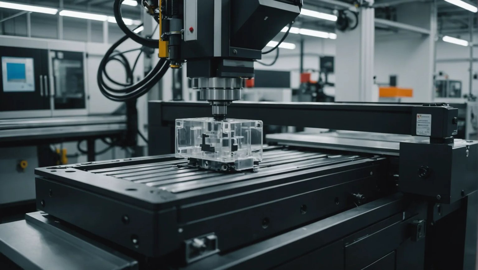 Injection molding machine in action with plastic parts being produced