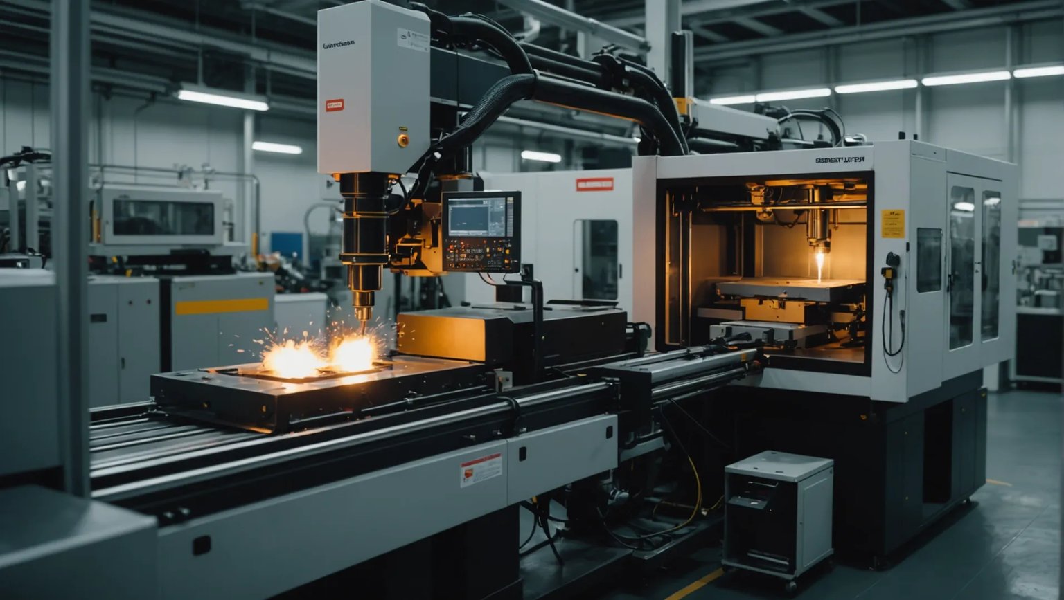 PET injection molding machine in action with glowing molten plastic