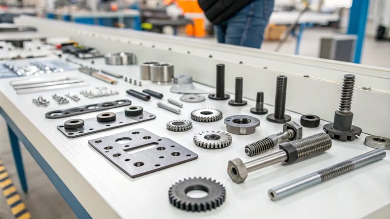 A well-organized workbench with various manufacturing parts