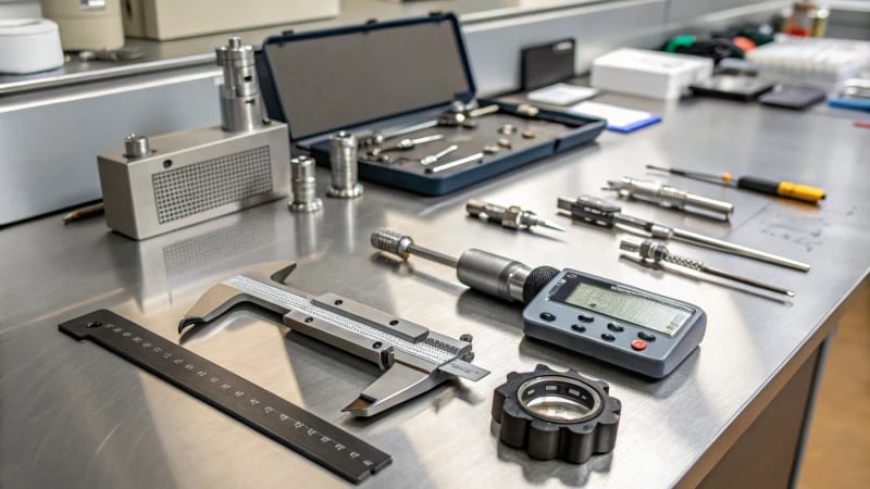 A well-organized engineering workspace with precision measurement tools.