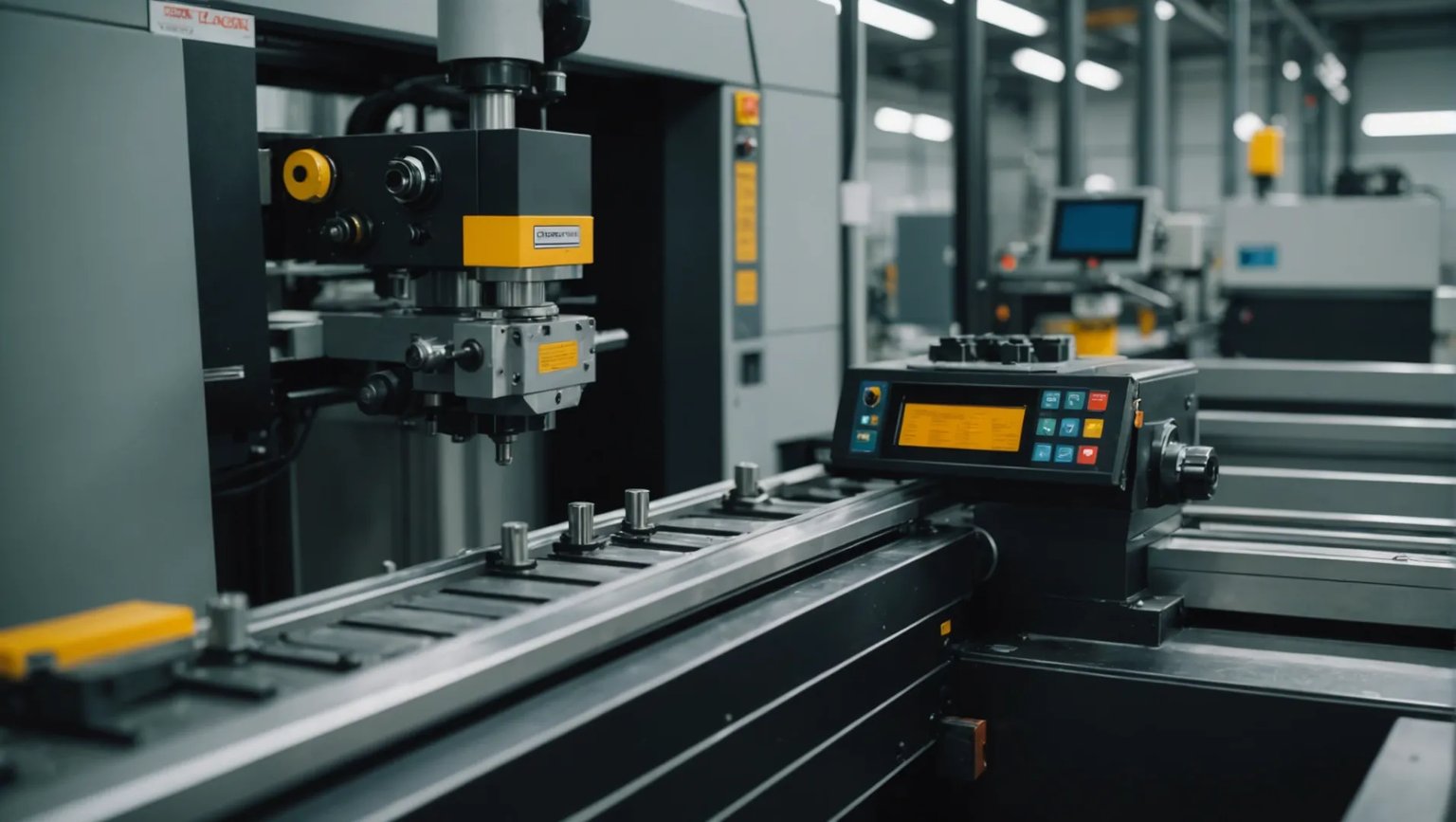 Injection molding machine processing PEEK material with molds and machine parts visible