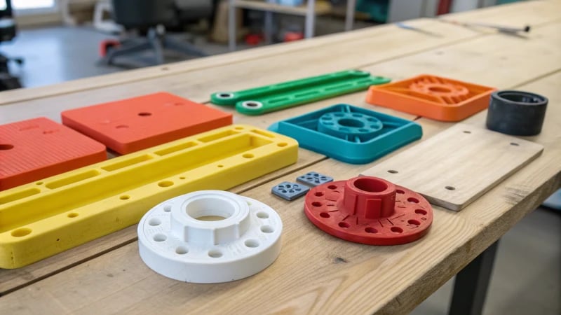 Collection of colorful plastic components on a wooden workbench