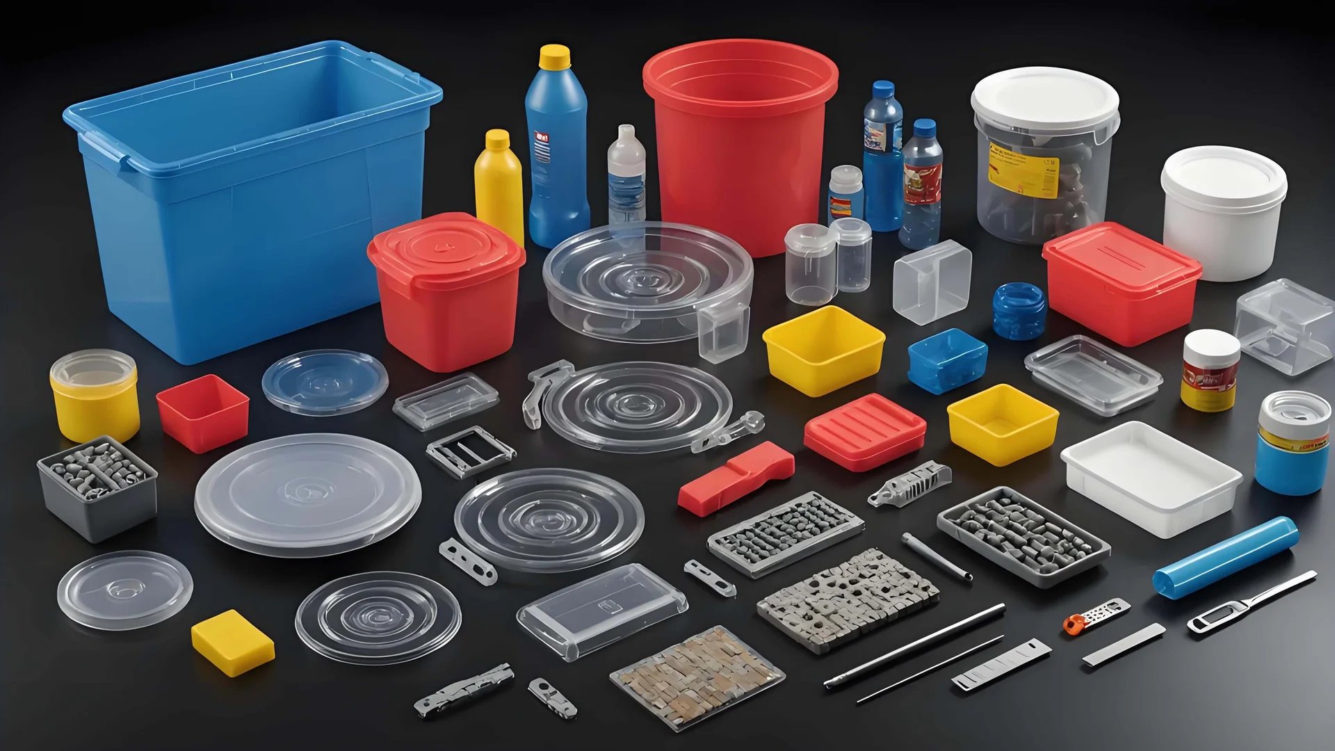 A variety of plastic containers and bottles arranged on a dark background