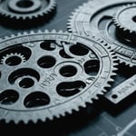 Three plastic gears made of PEEK, POM, and PA66 materials, displayed on a technical blueprint.