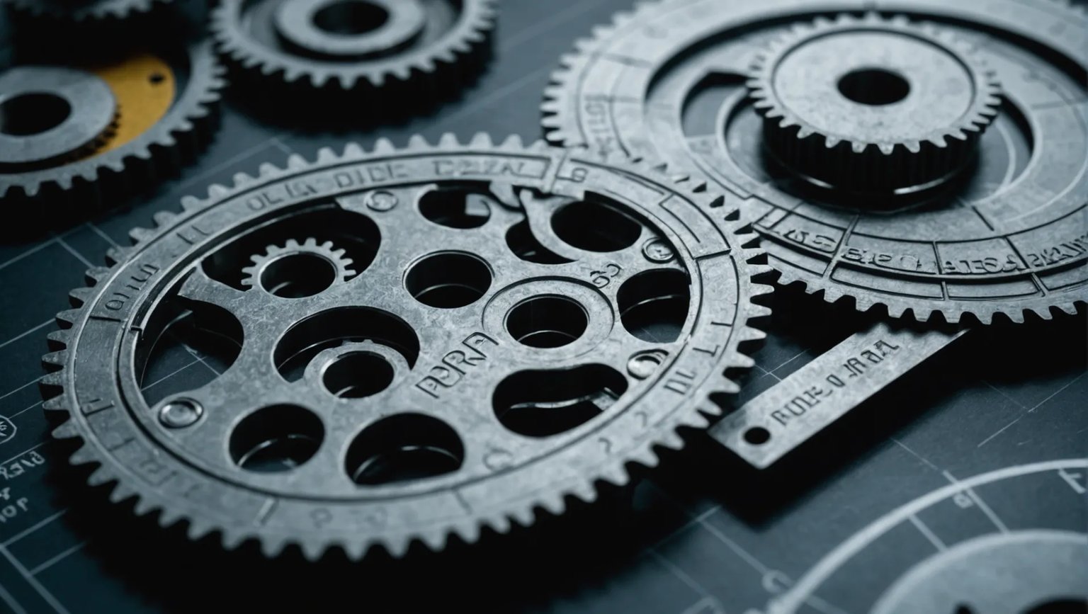 Three plastic gears made of PEEK, POM, and PA66 materials, displayed on a technical blueprint.