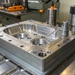 Close-up of a metallic plastic injection mold with short shot defects