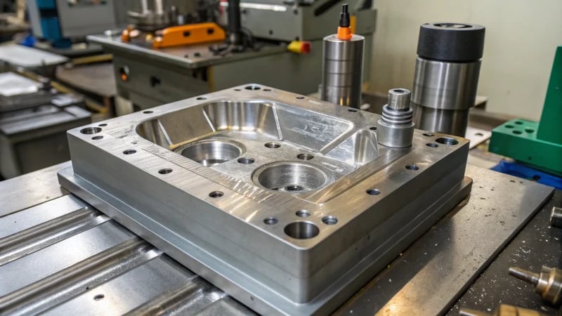 Close-up of a metallic plastic injection mold with short shot defects