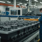A technician examining a plastic injection mold in a factory