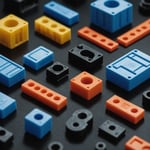 Close-up of strong and durable plastic injection molded parts in various shapes.