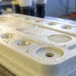 Close-up of a plastic injection molded product showing bubbles on the surface