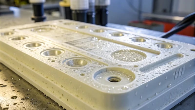 Close-up of a plastic injection molded product showing bubbles on the surface