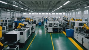 Plastic injection molding factory with machinery and workers