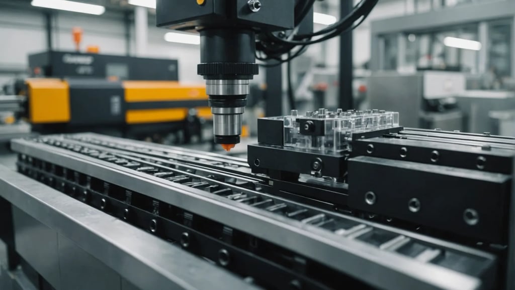 Close-up of plastic injection molding machine in operation