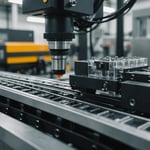 Close-up of plastic injection molding machine in operation