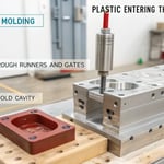 An educational illustration of the plastic injection molding process with labeled stages.