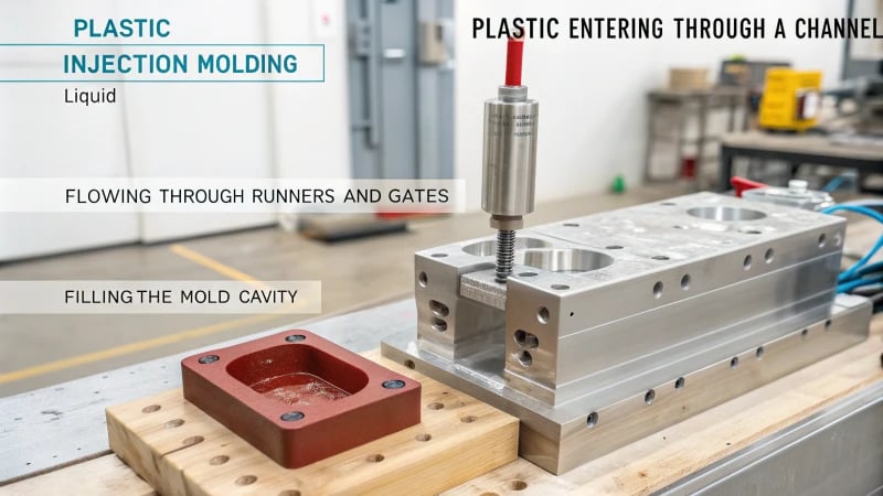 An educational illustration of the plastic injection molding process with labeled stages.
