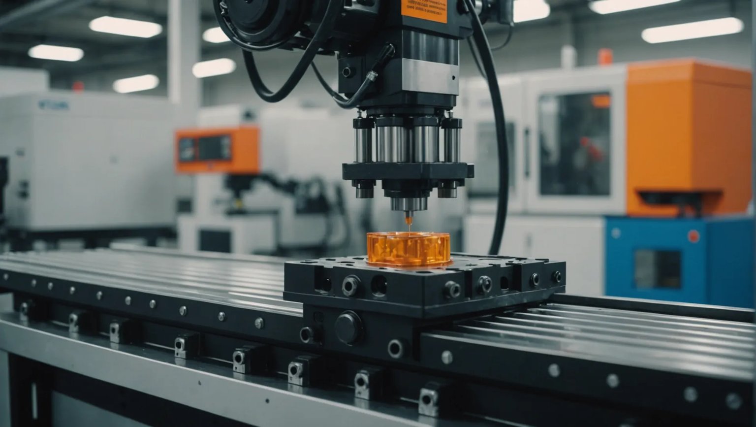 Plastic injection molding machine in operation