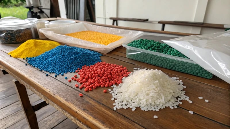 An arrangement of colorful plastic materials on a wooden table