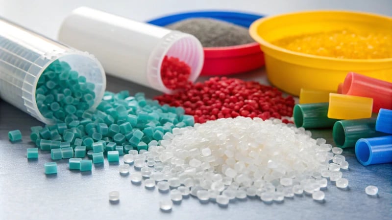 Close-up of various plastic materials used in injection molding
