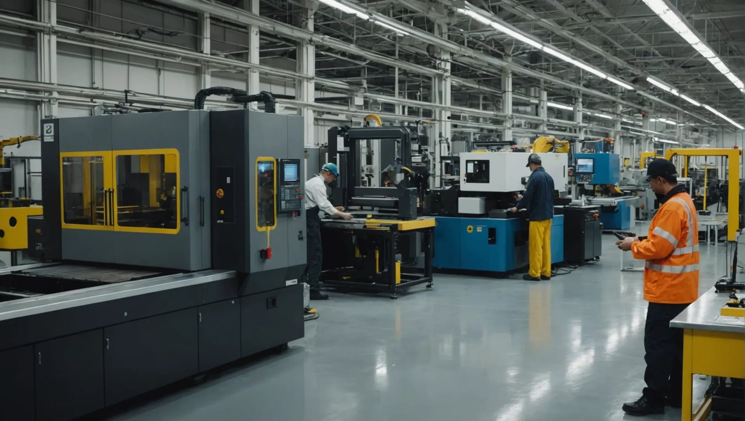 Industrial plastic molding machinery in action