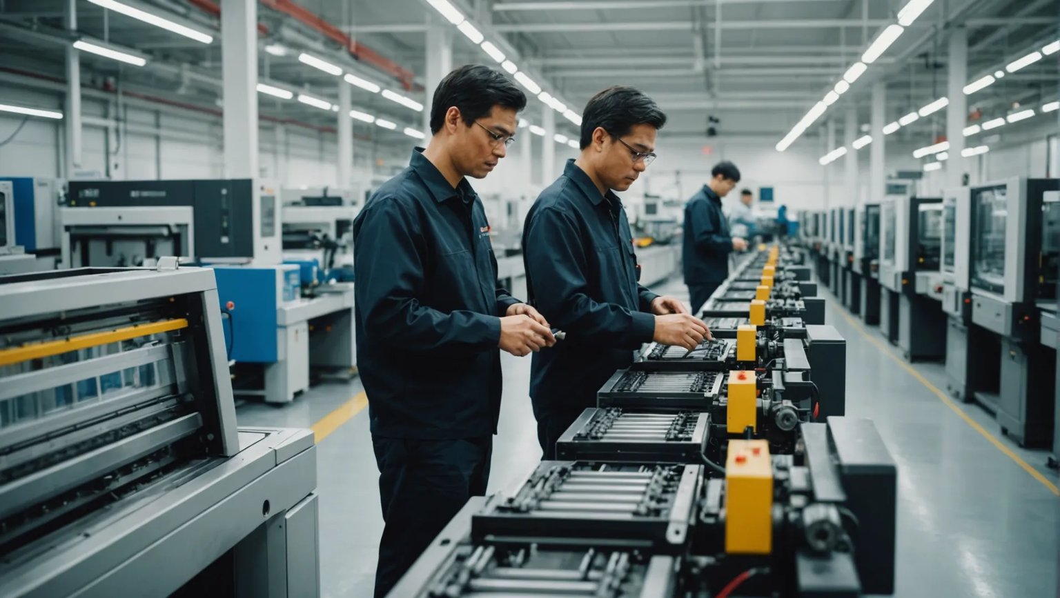 Interior of a plastic mould manufacturing factory with machines and workers