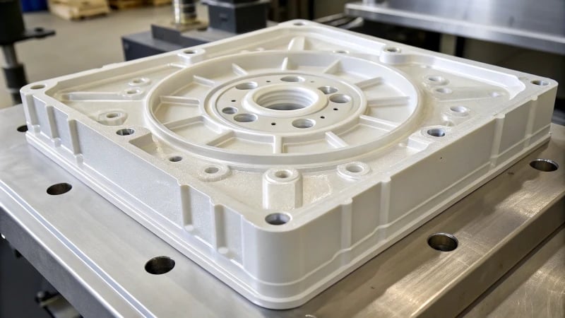 Close-up of an injection molded plastic part showcasing intricate features