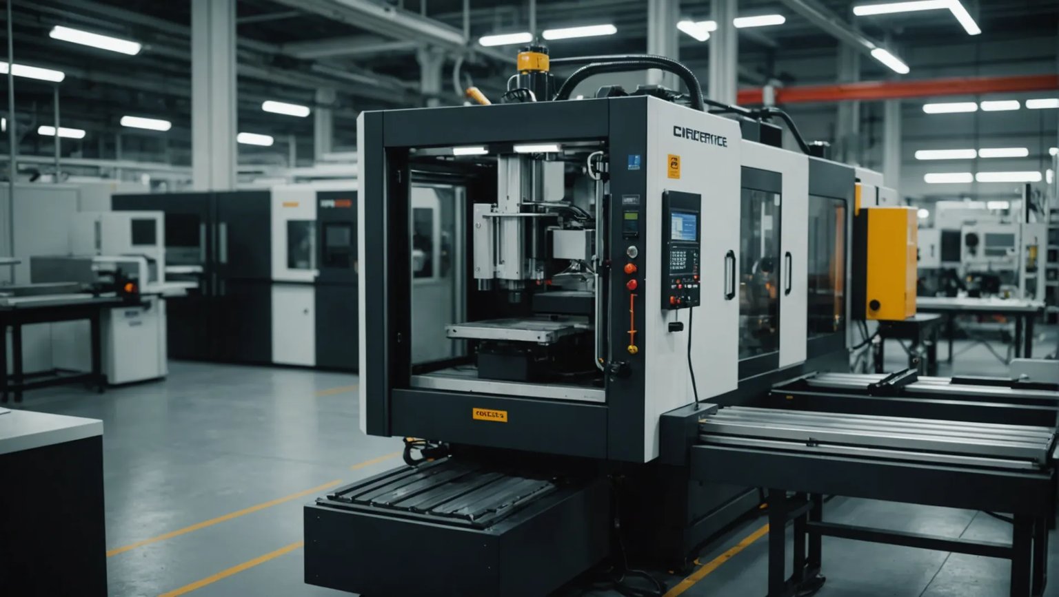 Injection molding machine producing plastic parts with cost breakdown elements around