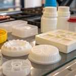 Close-up view of various plastic products on a reflective surface