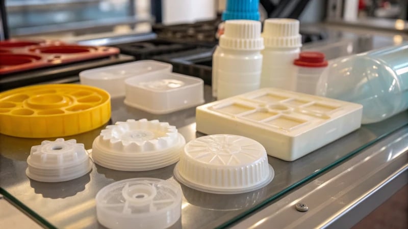 Close-up view of various plastic products on a reflective surface