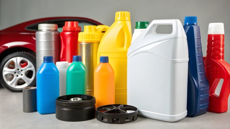 A display of various glossy plastic products including bottles, containers, and automotive parts.